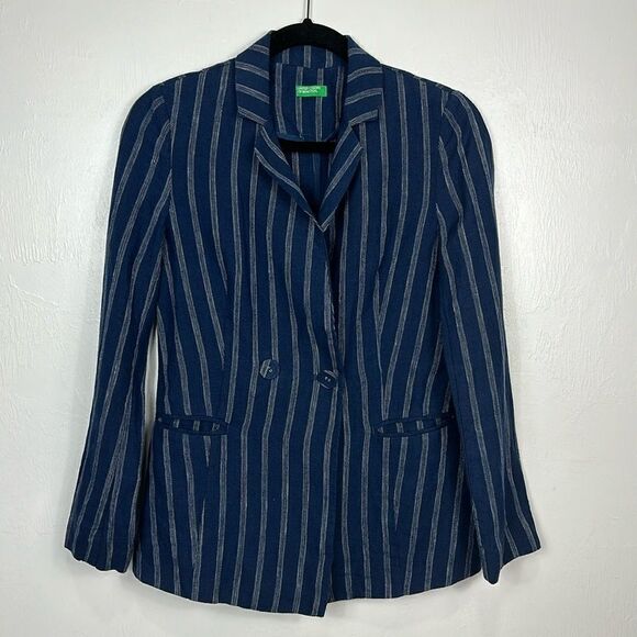 United Colors Of Benetton Linen Blue Double Breasted Striped Blazer Size 2 - Picture 2 of 13
